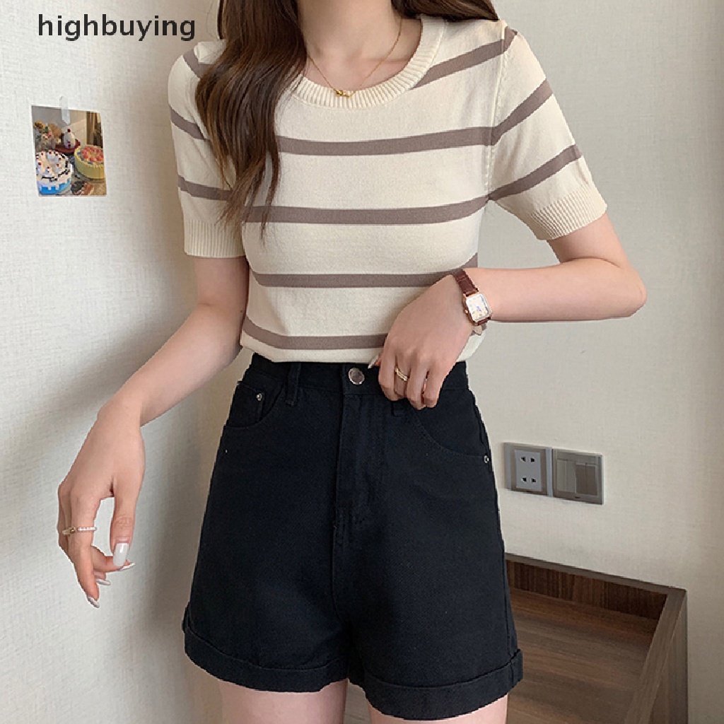 Áo Thun Tay Ngắn Cổ Tròn Họa Tiết Kẻ Sọc Thời Trang Cho Nữ