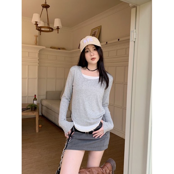 COZOK Áo Thun Tay Dài Dáng Ôm Chắp Vá Thời Trang Và Độc Đáo