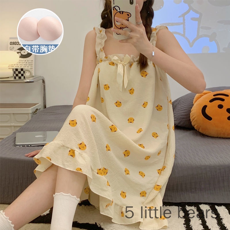 Đầm Ngủ Hai Dây Cotton Nguyên Chất Có Đệm Ngực Phong Cách Công Chúa Mùa Hè Bán Chạy Cho Nữ