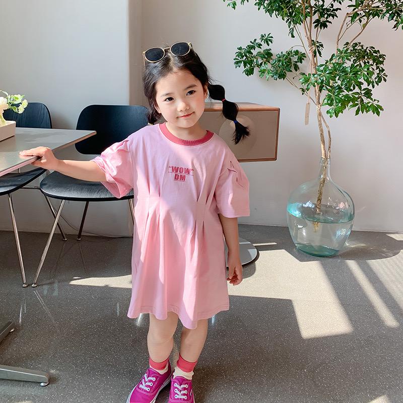 Váy hồng bé gái mùa hè V140 sz 90-130, váy cho bé cotton nhún eo hợp thời trang