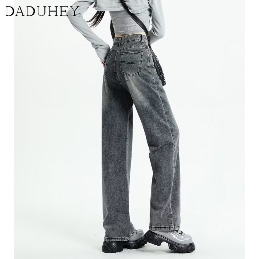 DaDuHey New Korean Version of Ulzzang Washed Gray Jeans WOMEN'S High Waist Wide Leg Pants Large Size Trousers