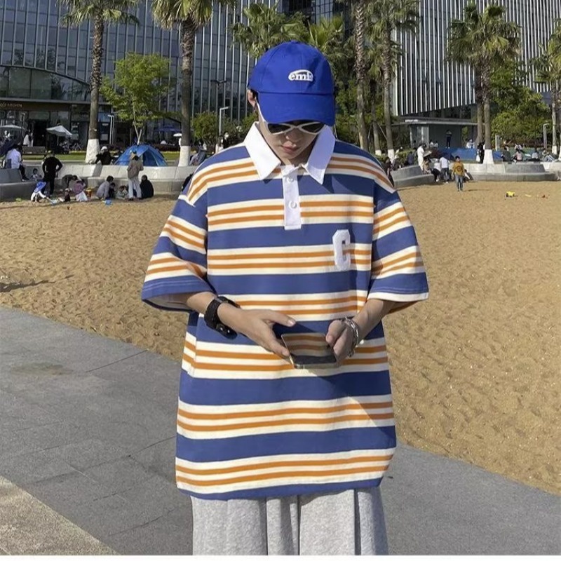 Áo polo Tay Ngắn Dáng Rộng Họa Tiết Kẻ Sọc Thêu Chữ Thời Trang Mùa Hè 2023 Mới Cho Nam