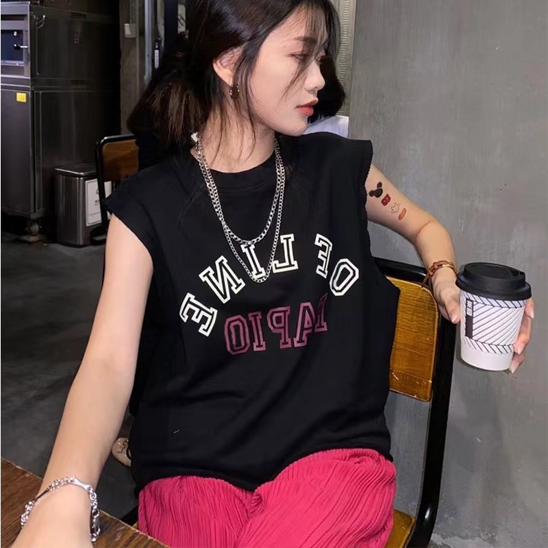 Áo thun XINLANYASHE sát nách dáng rộng in họa tiết kiểu Hàn Quốc thời trang cho nữ