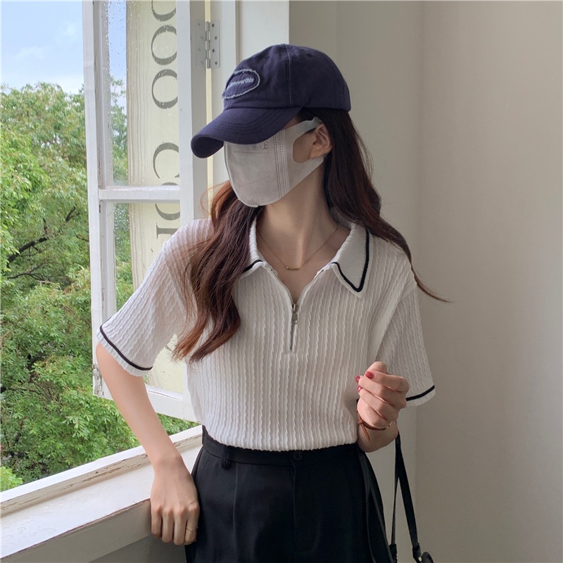 Áo thun jacquard ngắn tay kéo kéo thời trang phụ nữ