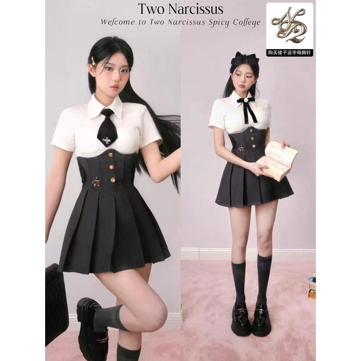 Set Đồng Phục Nữ Sinh Gồm Áo Tay Ngắn Màu Trắng + Chân Váy Xếp Ly Lưng Cao Trẻ Trung