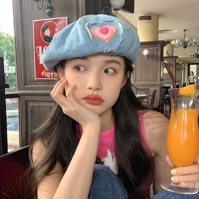 Mũ beret denim Hình Đám Mây Màu Hồng Ngọt Ngào Phong Cách retro Mùa Hè Cho Nữ