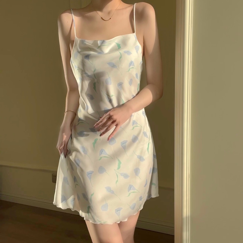 Đầm Ngủ Lụa Một Mảnh Hai Dây In Họa Tiết Gợi Cảm Cho Nữ La204