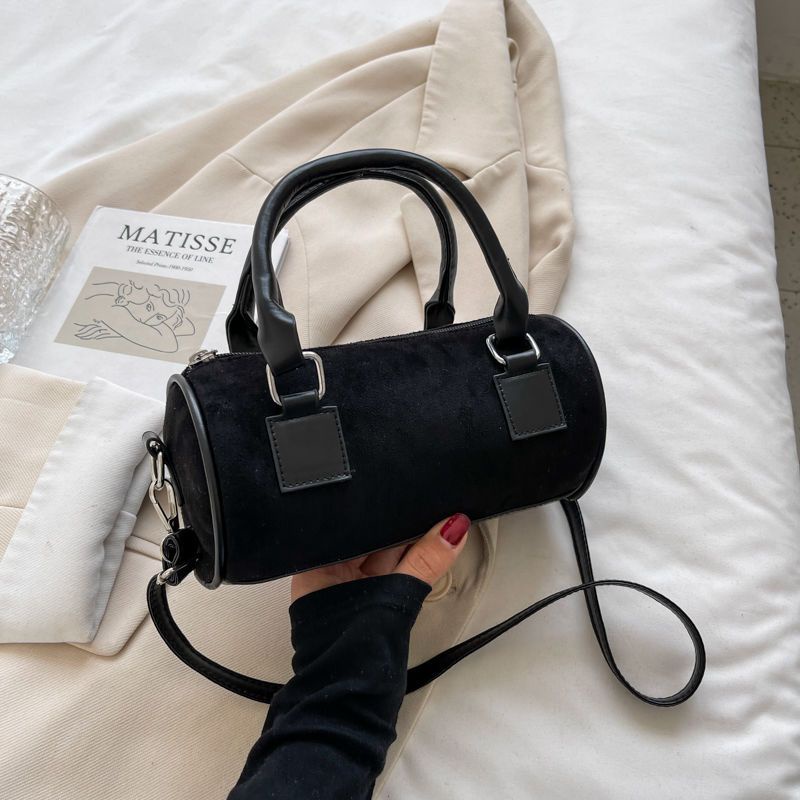 Túi Xách Boston Đeo Vai / Đeo Chéo Hình Trụ Cỡ Nhỏ Chất Nhung Có Khóa Gài Thời Trang Cho Nữ