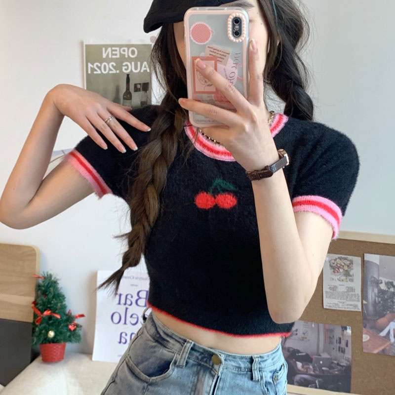 Áo thun XINLANYASHE dệt kim tay ngắn phong cách Hàn Quốc mới cho nữ