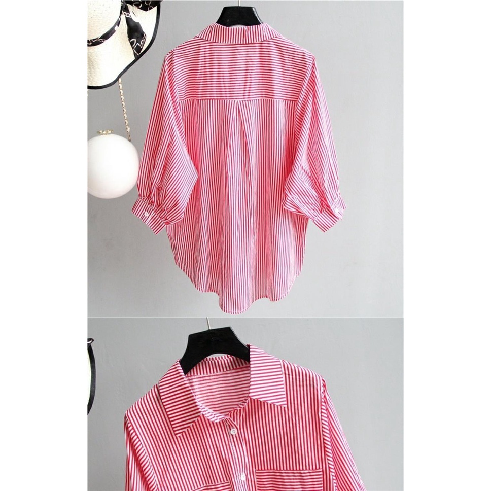 Áo Sơ Mi Tay Lửng Họa Tiết Kẻ Sọc Phong Cách Hàn Quốc Dành Cho Nữ