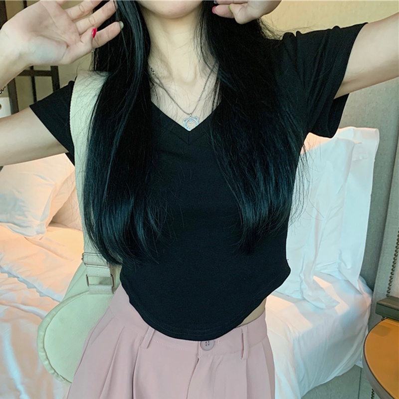 IELGY  Áo Thun Tay Ngắn Cổ Chữ v Phía Trước Phong Cách Mỹ Cho Nữ