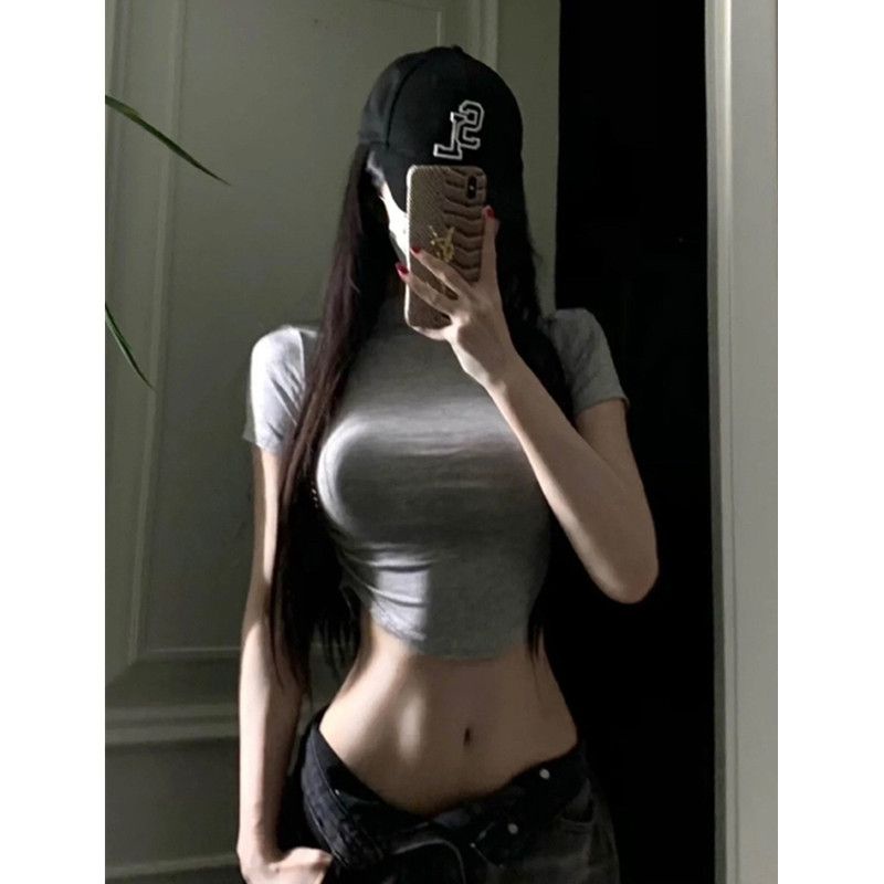 COZOK Áo Thun Tay Ngắn Cổ Cao Dáng Ôm Hở Rốn Thời Trang Quyến Rũ Cho Nữ