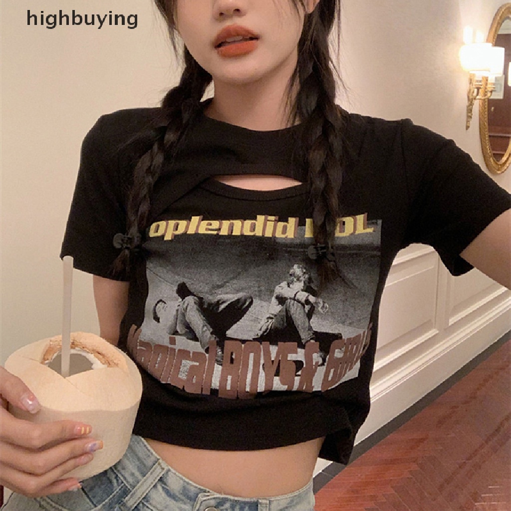 Áo Thun Lửng Ngắn Tay Cổ Tròn In Họa Tiết Vintage Cho Nữ