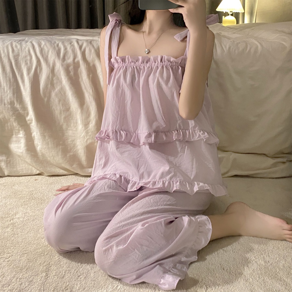 Bộ Đồ Ngủ Áo Hai Dây Phối Quần Dài Vải Cotton Trơn Kiểu Công Chúa Mùa Hè Mới | BigBuy360 - bigbuy360.vn