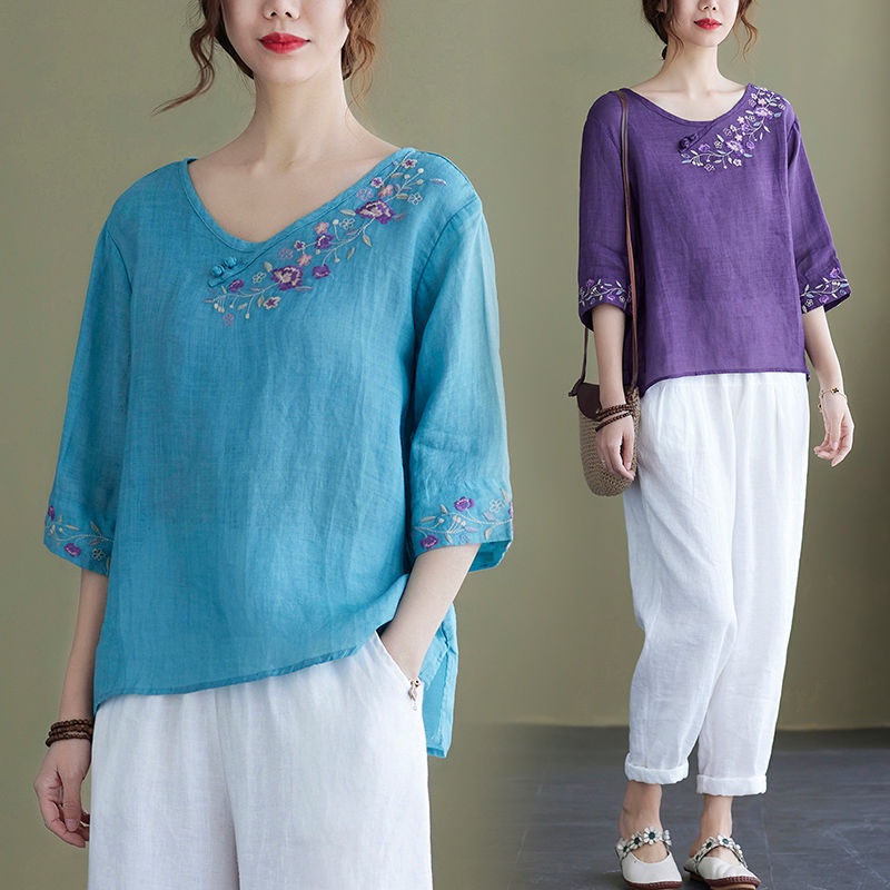 Áo Thun Cotton Tay Lửng Thêu Họa Tiết Cổ Điển Thoải Mái Cao Cấp