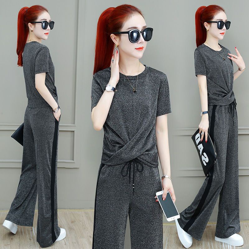 One-piece / two-piece set in summer, the new Korean version shows a high waist, thin, short-sleeved, wide-leg pants, leisure sports suit.