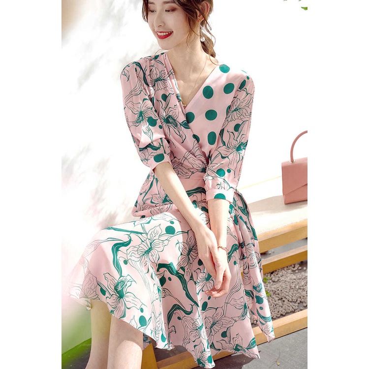 Đầm Hoa Cổ Chữ V Dáng Ôm Phong Cách Thời Trang Pháp