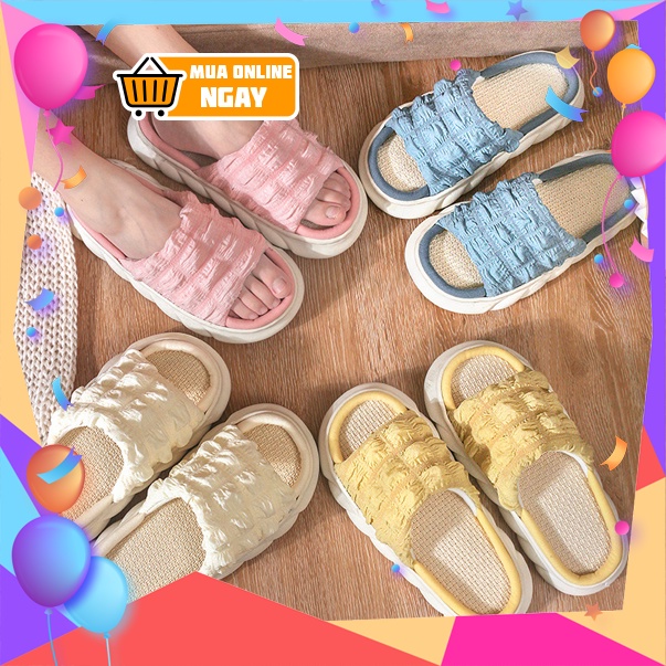 Dép đi trong nhà, dép nữ vải lanh thấm hút mồ hôi đế bánh mì eva chống trơn trượt Happy Home 1977