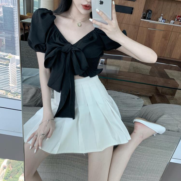 COZOK Áo Sơ Mi Tay Ngắn Cổ Vuông Thắt Nơ Eo Phong Cách Hàn Quốc Quyến Rũ Dành Cho Nữ