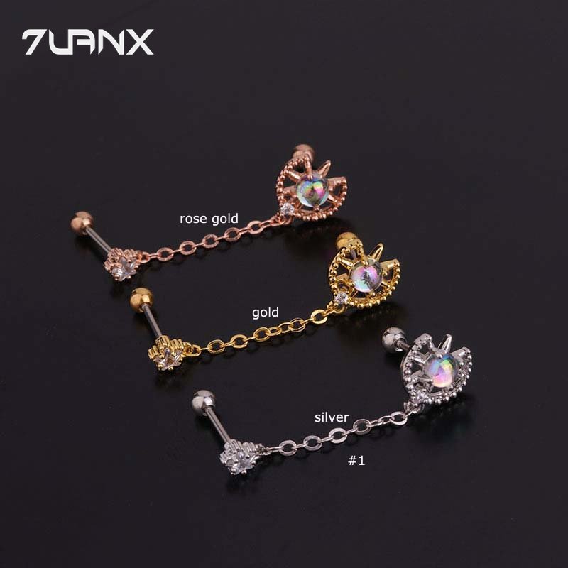 7uanX 1 Bông Tai Dây Xích Đôi Hình Hoa Bằng Thép Không Gỉ Đính Đá Zircon Thời Trang Dành Cho Nữ