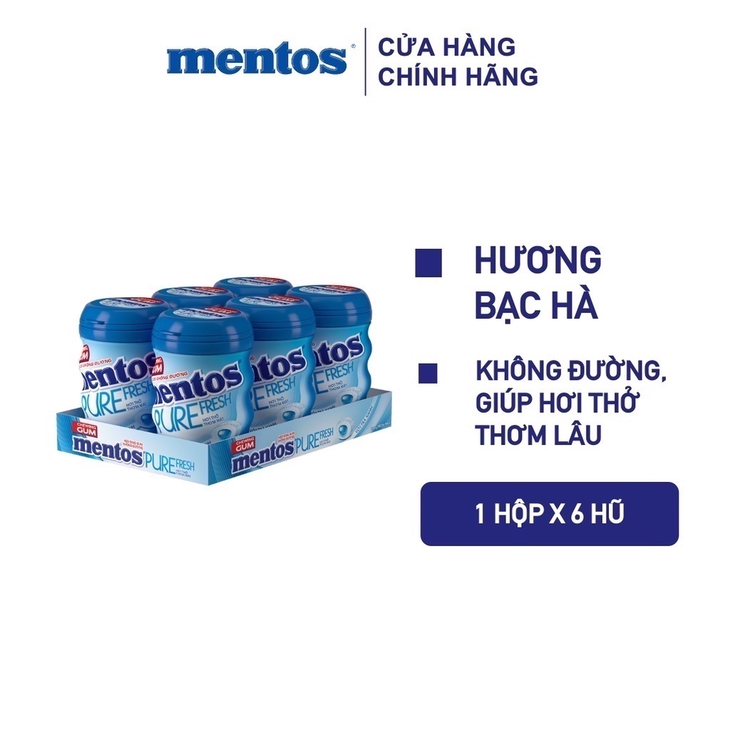 Sing gum không đường Mentos Pure Fresh hương bạc hà hộp 6 hủ