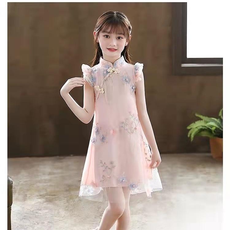 Đầm Sườn Xám Vải Tuyn Tay Ngắn In Hình Bướm Kiểu Trung Hoa Thời Trang Mùa Hè 2023 Cho Bé Gái