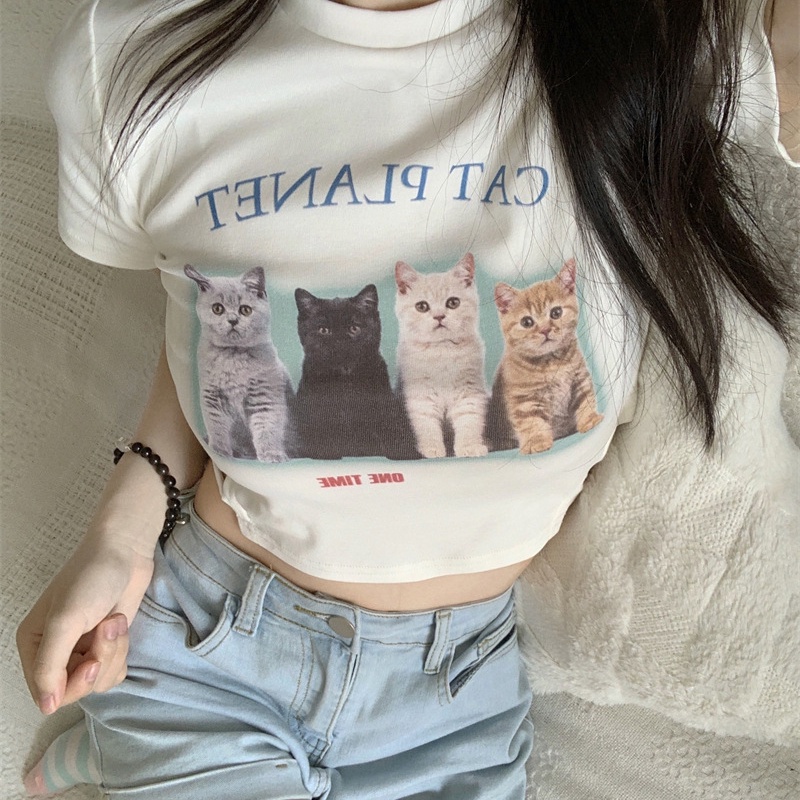 IELGY  Áo Thun Tay Ngắn Màu Trắng In Hình Mèo Dành Cho Nữ