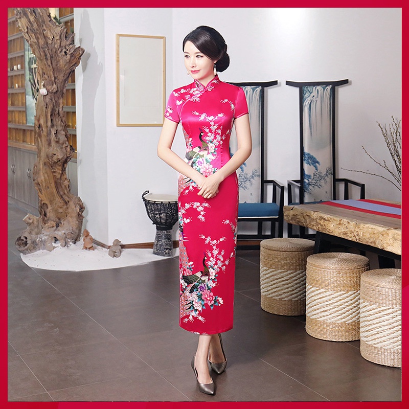 Đầm Sườn Xám Dài Bằng Lụa In Hoa Phong Cách Trung Hoa Cổ Điển Dành Cho Nữ