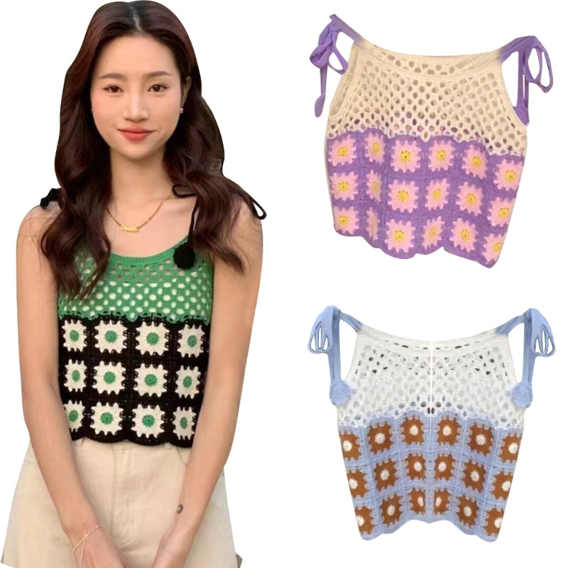 Áo Croptop Hai Dây Dệt Kim Dáng Rộng Họa Tiết Hoa Thời Trang Cho Nữ