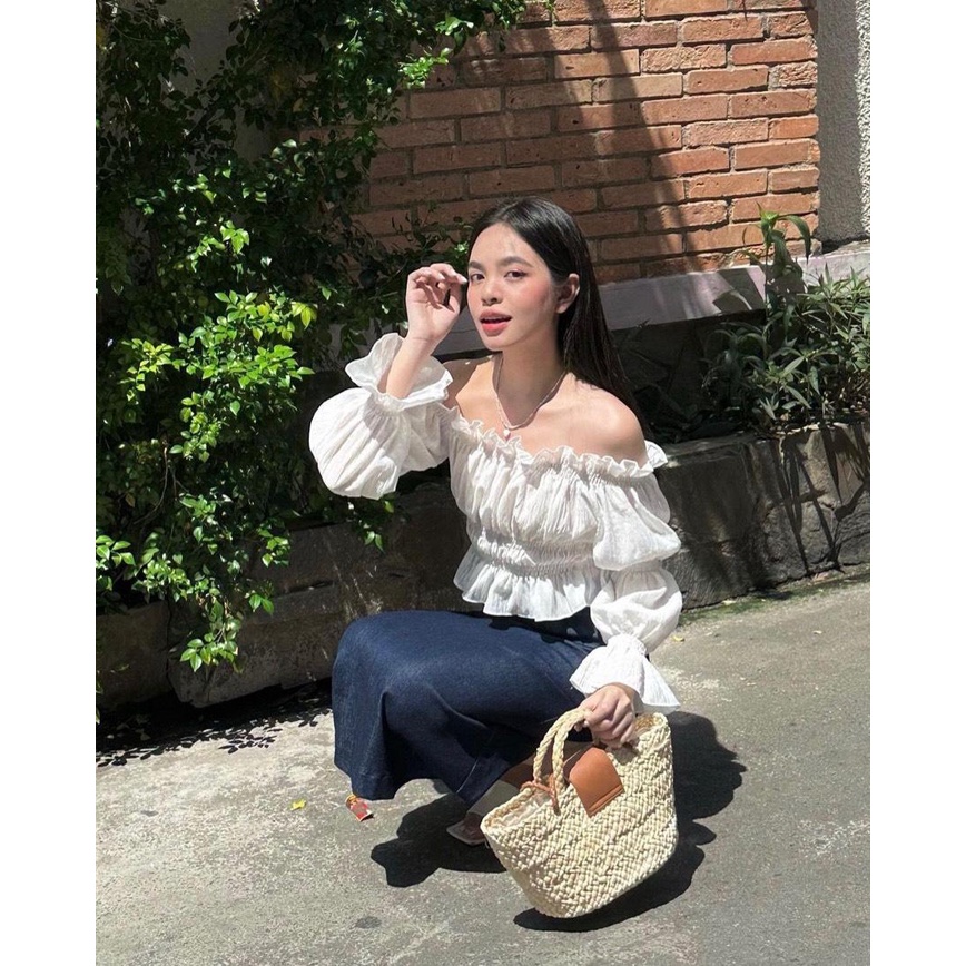 Set áo trắng bẹt vai tay dài+chân váy midi xanh💖 KÈM ẢNH THẬT