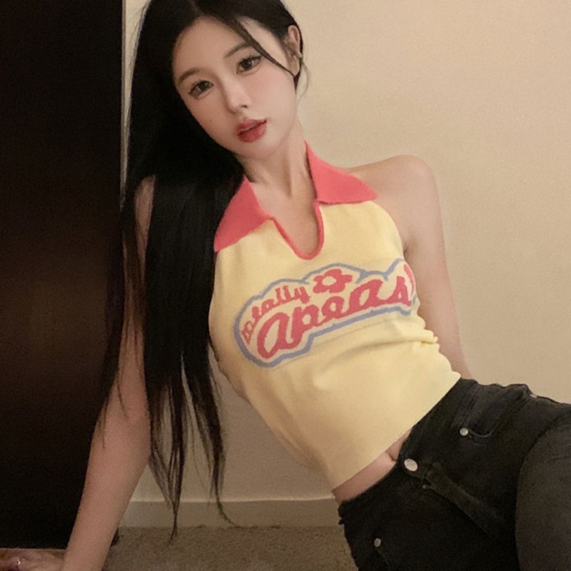 YEYA Áo Thun Không Tay Cổ POLO In Chữ Spice Girl 2023 Mới Cho Nữ