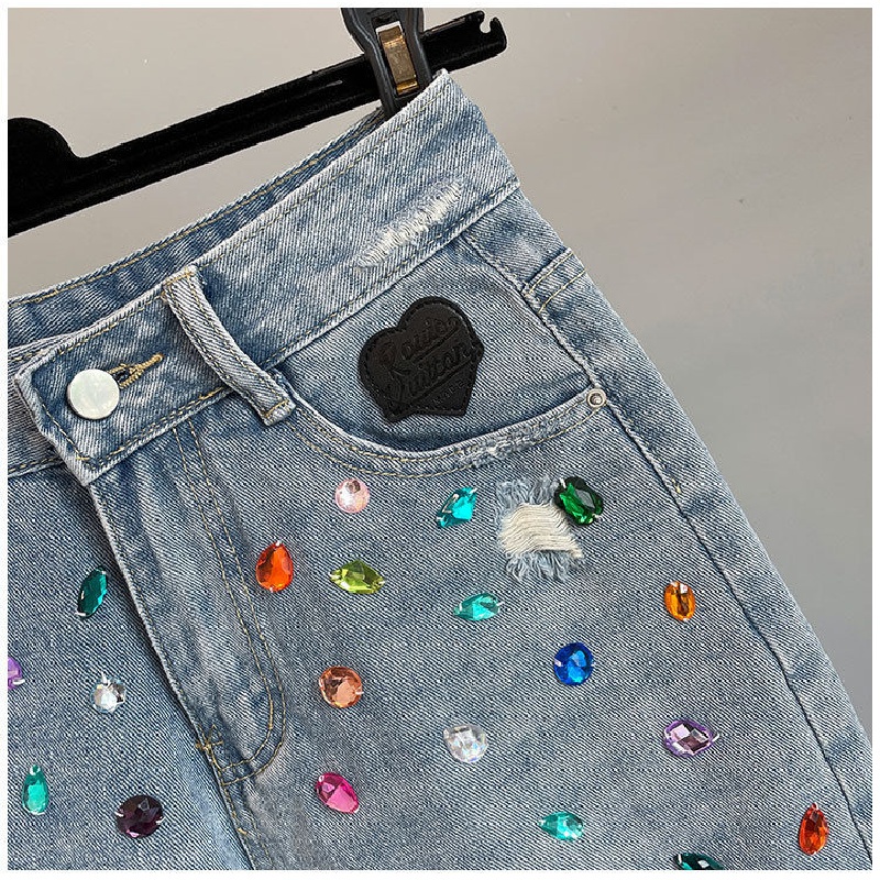 Quần Short Denim Lưng Cao Dáng Rộng Thiết Kế Rách Đính Đá Cá Tính