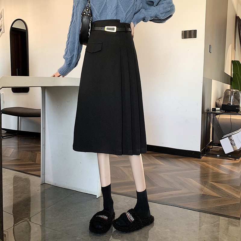 IELGY  Chân Váy Len Lưng Cao Xếp Ly Phong Cách Hàn Quốc Thời Trang Cho Nữ