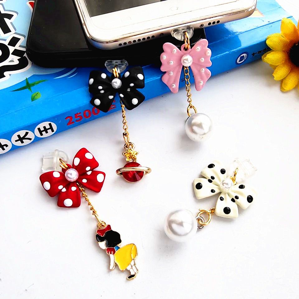 Nút Cắm Chống Bụi Kiểu Nơ Đính Ngọc Trai Dễ Thương Cho Điện Thoại Di Động