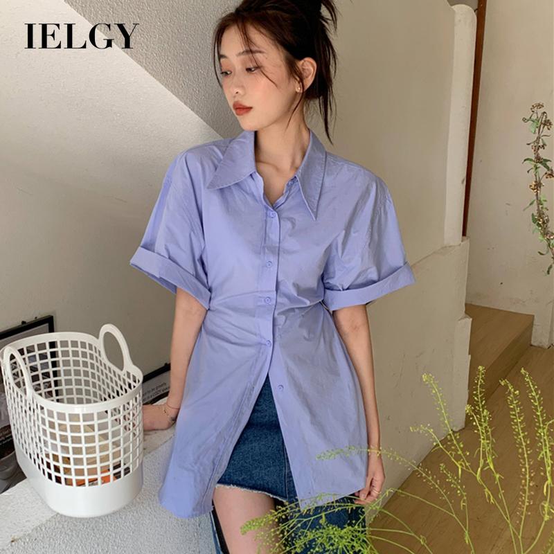 IELGY Áo Sơ Mi Tay Ngắn Dáng Ôm Màu Xanh Dương Dễ Phối Đồ Thời Trang Cho Nữ