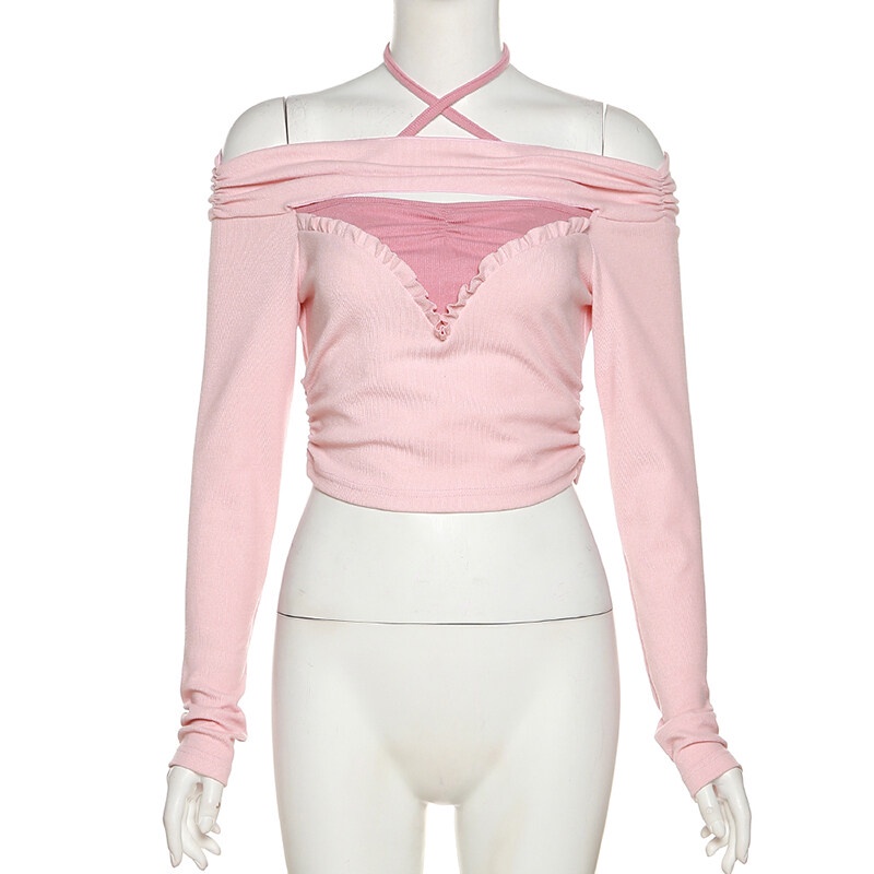 Kliou 2023 Mới Áo Thun Dệt Kim Tay Dài Co Giãn Phối Màu Hồng Dễ Thương Thời Trang Mùa Thu 2023 Cho Bạn Gái