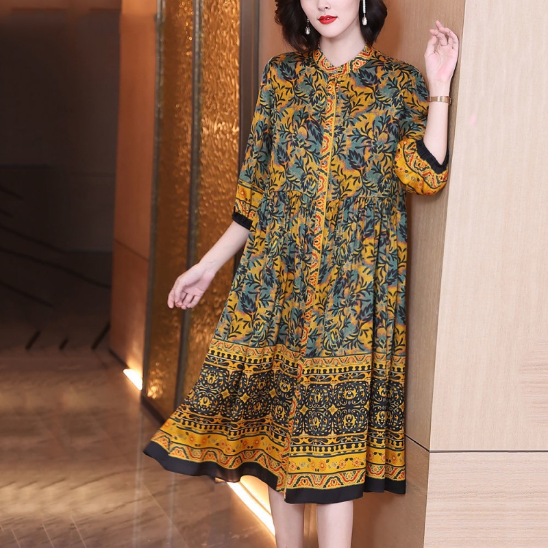 Đầm Lụa Dài Dáng Rộng Màu Sắc Retro Dành Cho Nữ