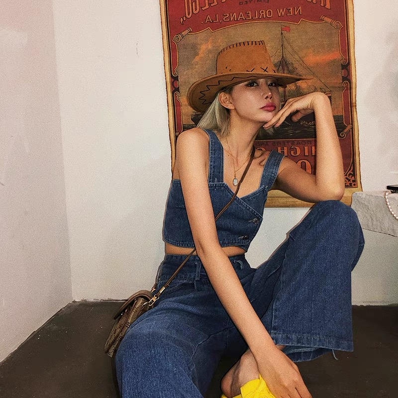 Set Đồ Nữ Áo Croptop 2 Dây Denim Sexy, Quần Jean Ống Rộng Nữ Cạp Cao Phong Cách Retro Bộ Đồ Nữ Đi Chơi Mùa Hè SD011