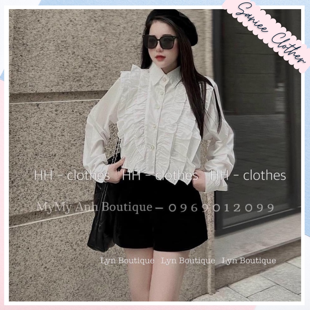 Áo sơ mi tay dài dáng ngắn áo sơmi bèo ngực dáng lửng khuy ngọc siêu xinh SanieeClothes