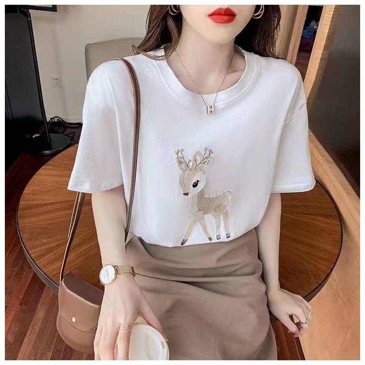 Áo Thun Cotton Ngắn Tay Dáng Rộng Thêu Họa Tiết Thời Trang Mùa Hè Hàn Quốc