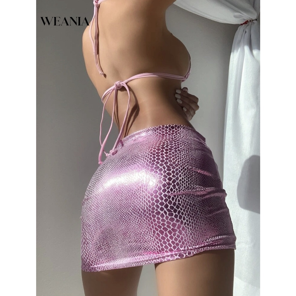Weania Set Bikini 3 Món Họa Tiết Da Rắn Lấp Lánh Gợi Cảm Mùa Hè Cho Nữ