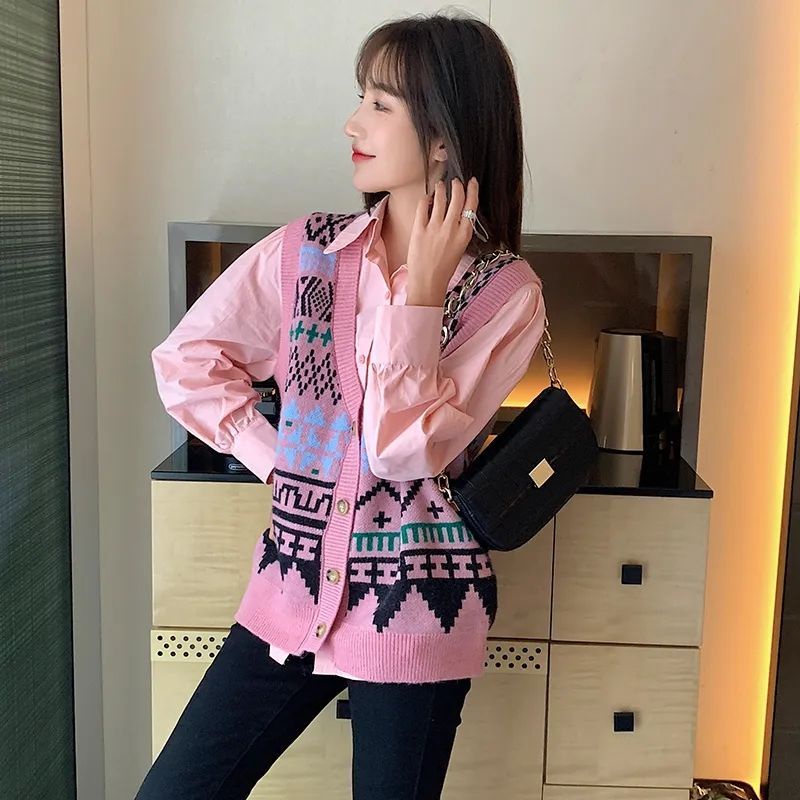 Set Áo Sơ Mi Tay Dài + Áo Khoác Cardigan Dệt Kim Cài Khuy Màu Hồng Thời Trang Xuân Thu Phong Cách Châu Âu 2023