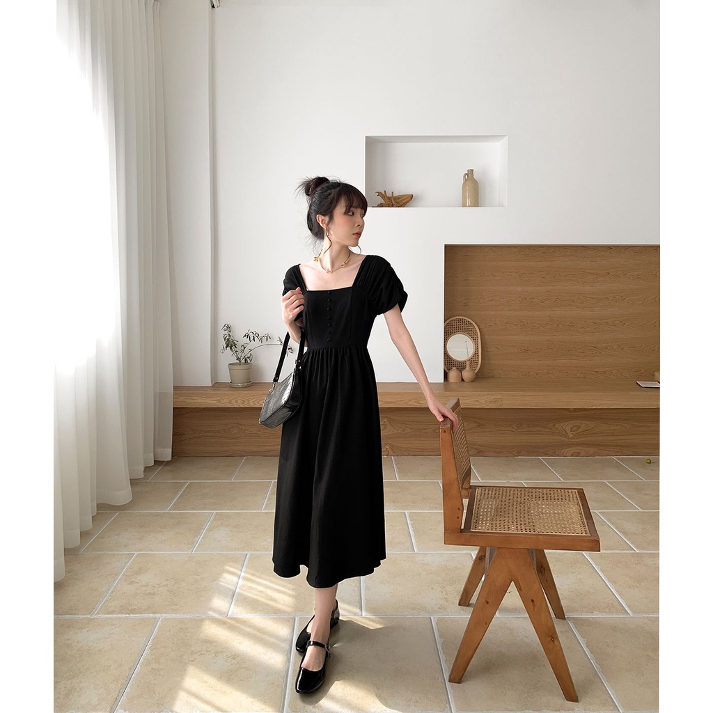 SUXI Đầm Midi Tay Ngắn Màu Đen Phong Cách Vintage Thời Trang Mùa Hè Cho Nữ