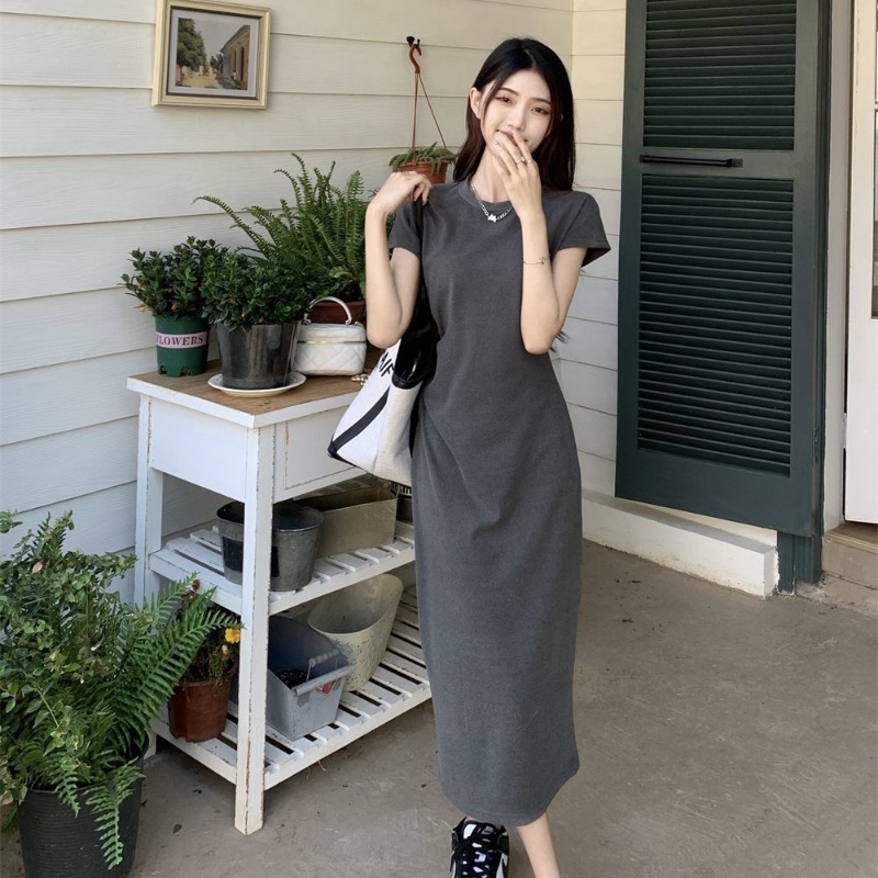 COZOK Đầm Tay Ngắn Cổ Tròn Phong Cách Hàn Quốc Thời Trang Cho Nữ