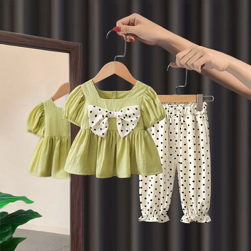 Set Áo Chiffon Ngắn Tay + Quần Chấm Bi Đính Nơ Thời Trang Mùa Hè Cho Bé Gái