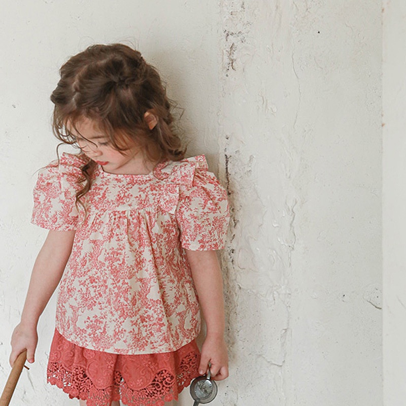 Áo Thun Cotton Mỏng Cổ Vuông In Họa Tiết Hoa Phong Cách Phương Tây Thời Trang Mùa Hè 2023 Cho Bé Gái