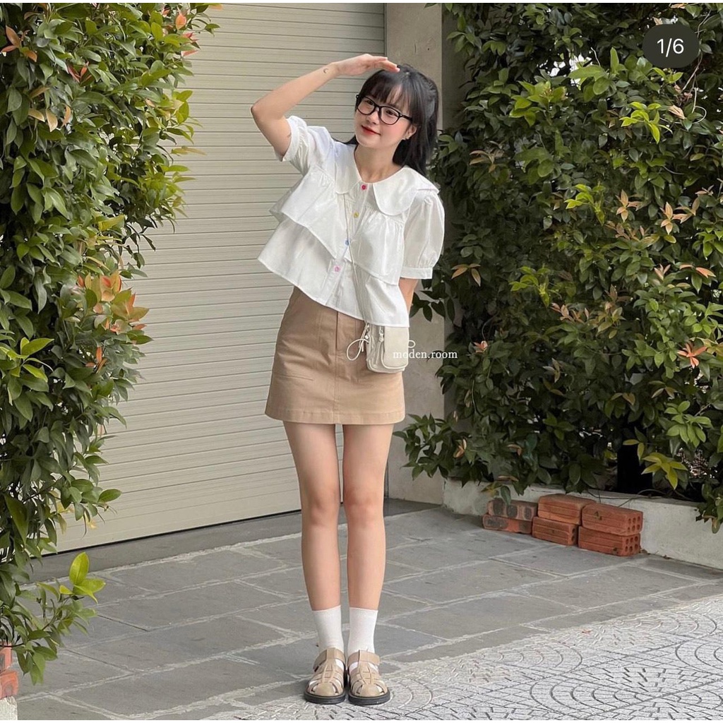 Áo Sơ Mi cổ tầng bèo cúc hình hoa, Áo sơ mi trắng dáng croptop đi học đi chơi