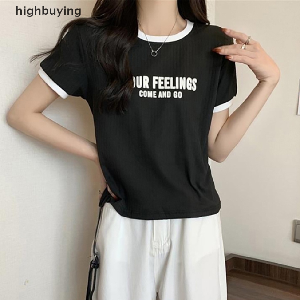 Áo Thun Tay Ngắn Cổ Tròn In Chữ Màu Sắc Tương Phản Thời Trang Mùa Hè Cho Nữ