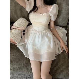 P HOME Toffee Đầm Ngắn Cổ Vuông Tay Phồng Dễ Phối Đồ Ngọt Ngào Cho Mẹ Và Con Gái