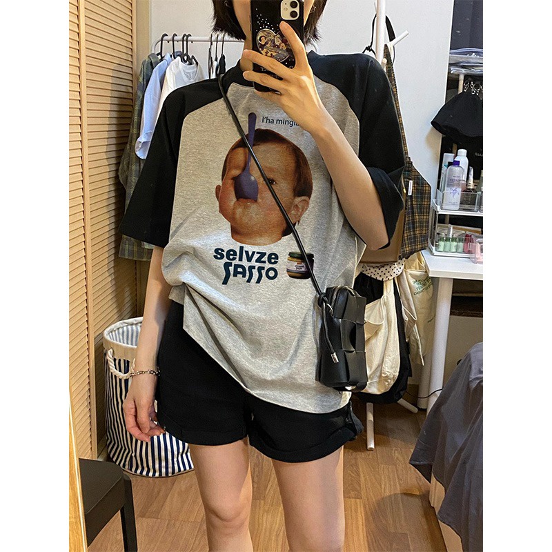 Áo Thun Cotton Ngắn Tay Dáng Rộng In Hình Thời Trang Phong Cách Đường Phố Hàn Quốc